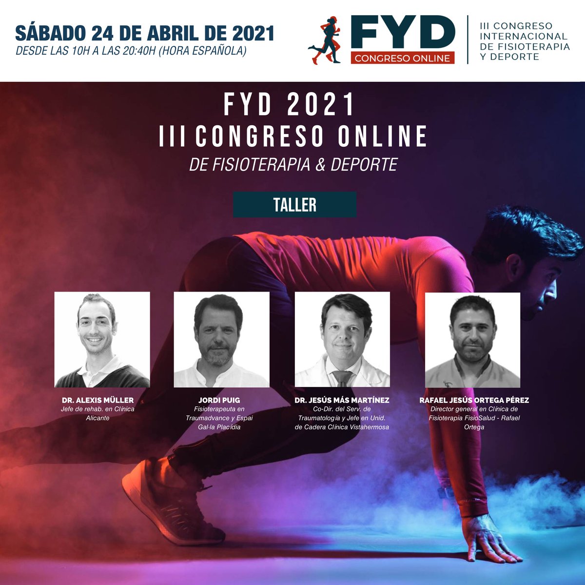 ¡Acuérdate de que esta tarde se celebrará el taller de Alexis Müller 
<a href="/clinicaalicante/">clinicaalicante-Alexis Müller</a>, Jordi Puig y Jesús Más Martínez con un invitado sorpresa Rafael Jesús Ortega Pérez 
<a href="/Rafaelortegare4/">Rafaelortegareadaptacion</a>
 
¡Os esperamos!
#CongresoFYD2021