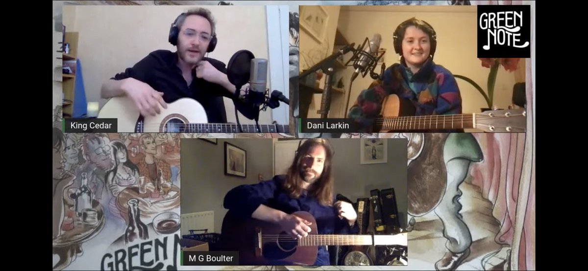 GreenNote's tweet photo. Absolutely awesome episode of #VirtuallyGreenNote last night with @MGBoulter @Dani_Larkin_ & @kingcedarmusic โค๏ธ๐ถ In case you missed it you still have a week to watch & donate ๐ https://t.co/oouwghl92p https://t.co/6h9yVvi4bP