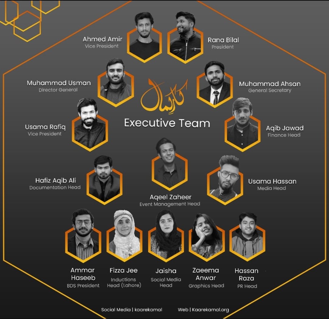 kaarekamal's tweet photo. Every team performs well if they got a leadership.

Kaar-e-Kamal proudly announces its hierarchy for the next academic year 2021-2022.

We wish them best of luck for their performances in the future. https://t.co/PG2GpzvWHN
