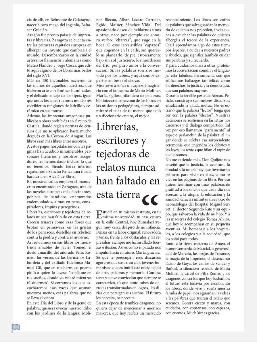 EstherOrera's tweet photo. "Se hace camino al leer". Brillante, sentido y literario discurso de Irene Vallejo @irenevalmore al recoger el Premio #Aragón. Un homenaje a la cultura, al día a día y a las personas que lo hacen posible. Cualquier día nos sorprende con un libro de poesía. (PDF vía @Jorge_Mak) https://t.co/hPQNBA8acZ