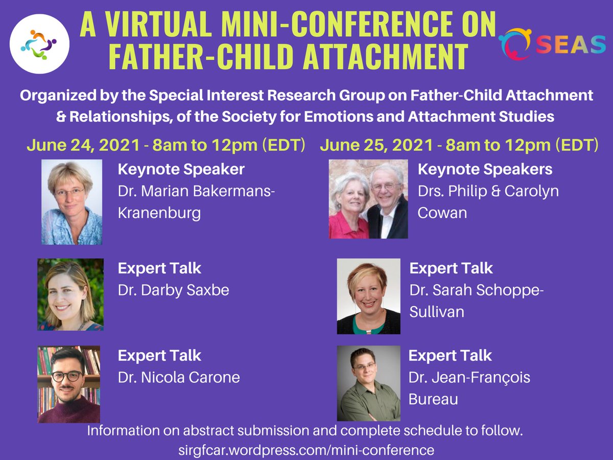 The Society for Emotion and Attachment Studies (<a href="/SeasEmotion/">SEAS - Society for Emotion and Attachment Studies</a>) is hosting a virtual mini-conference on father-child attachment on 24th &amp; 25th June 2021, not to be missed! Fantastic speakers. €20, and €10 for SEAS members and concessions. Register here: events.seasinternational.org