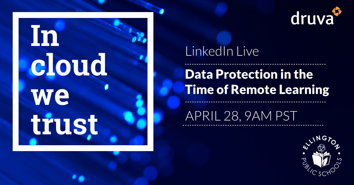arindamworld's tweet image. Join @druvainc Wednesday for an episode of #InCloudWeTrust where #MrBackup and Ellington Public Schools will discuss how schools are balancing remote learning and #DataProtection.