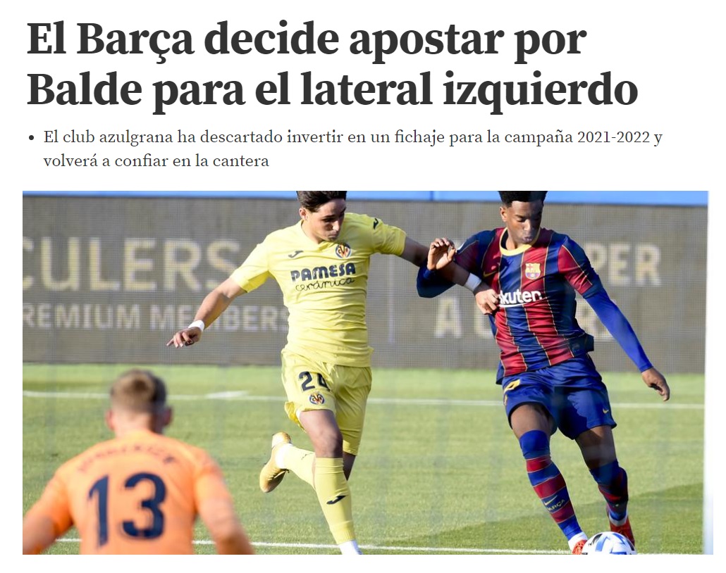 Error. Puc entendre perfectament que el Barça no es vulgui gastar diners aquest estiu en un lateral esquerre suplent però em temo que Alejandro Baldé (als seus 17 anys) no està preparat per jugar a Primera Divisió ni de bon tros, per molt que el representi Jorge Mendes. 