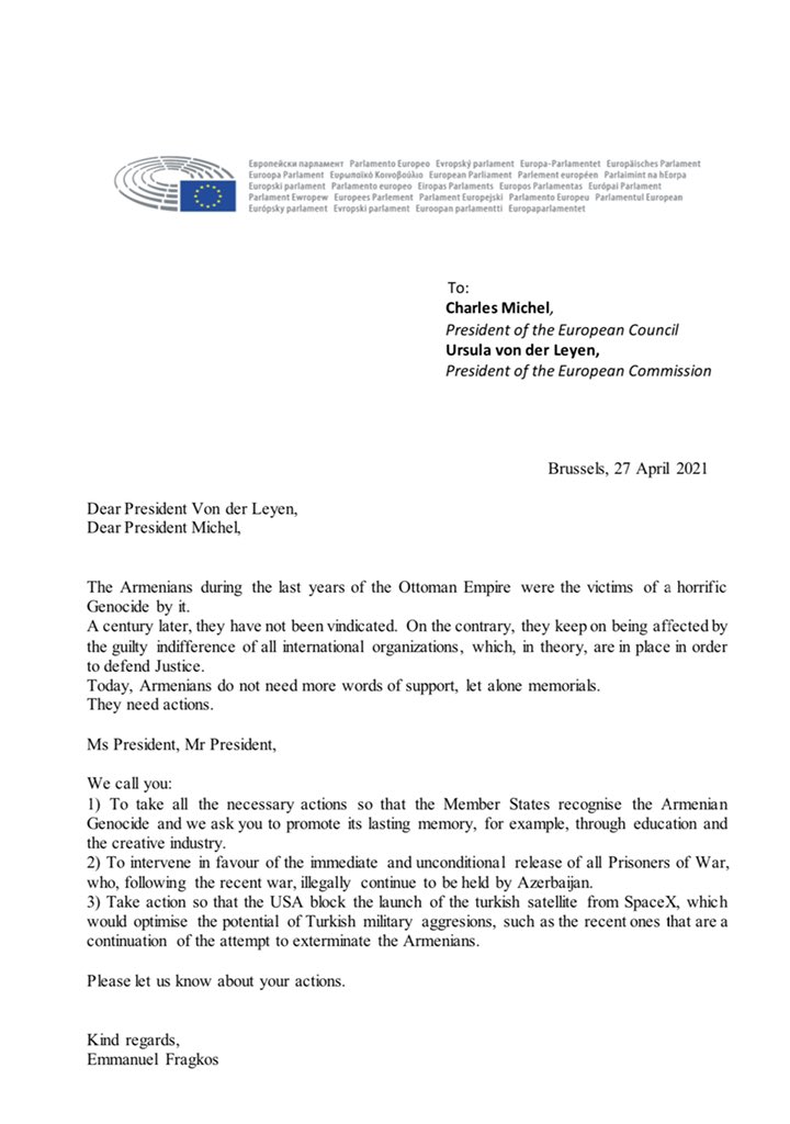 The #Armenians have had enough of words
They need concrete actions.
We send this letter to <a href="/vonderleyen/">Ursula von der Leyen</a> and <a href="/eucopresident/">António Costa</a> , calling for three concrete actions, because we must protect our brothers and sisters in Caucasus!
#istandwitharmenia
#ArmenianGenocide 🇦🇲🇬🇷🙏🏻 <a href="/velopky/">Κυριάκος Βελόπουλος</a>