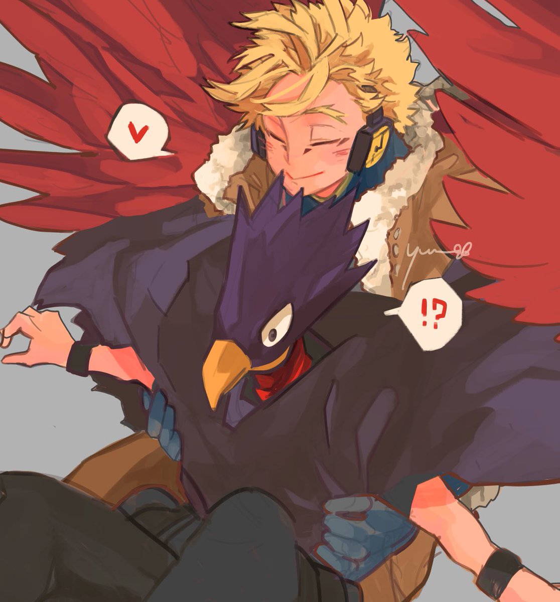 hawks (boku no hero academia) blonde hair male focus 2boys !? spoken heart headphones multiple boys  illustration images