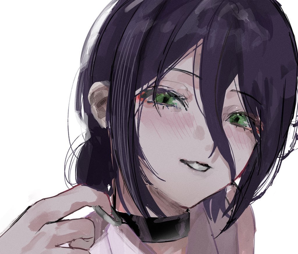 reze (chainsaw man) 1girl solo green eyes choker white background black choker blush  illustration images