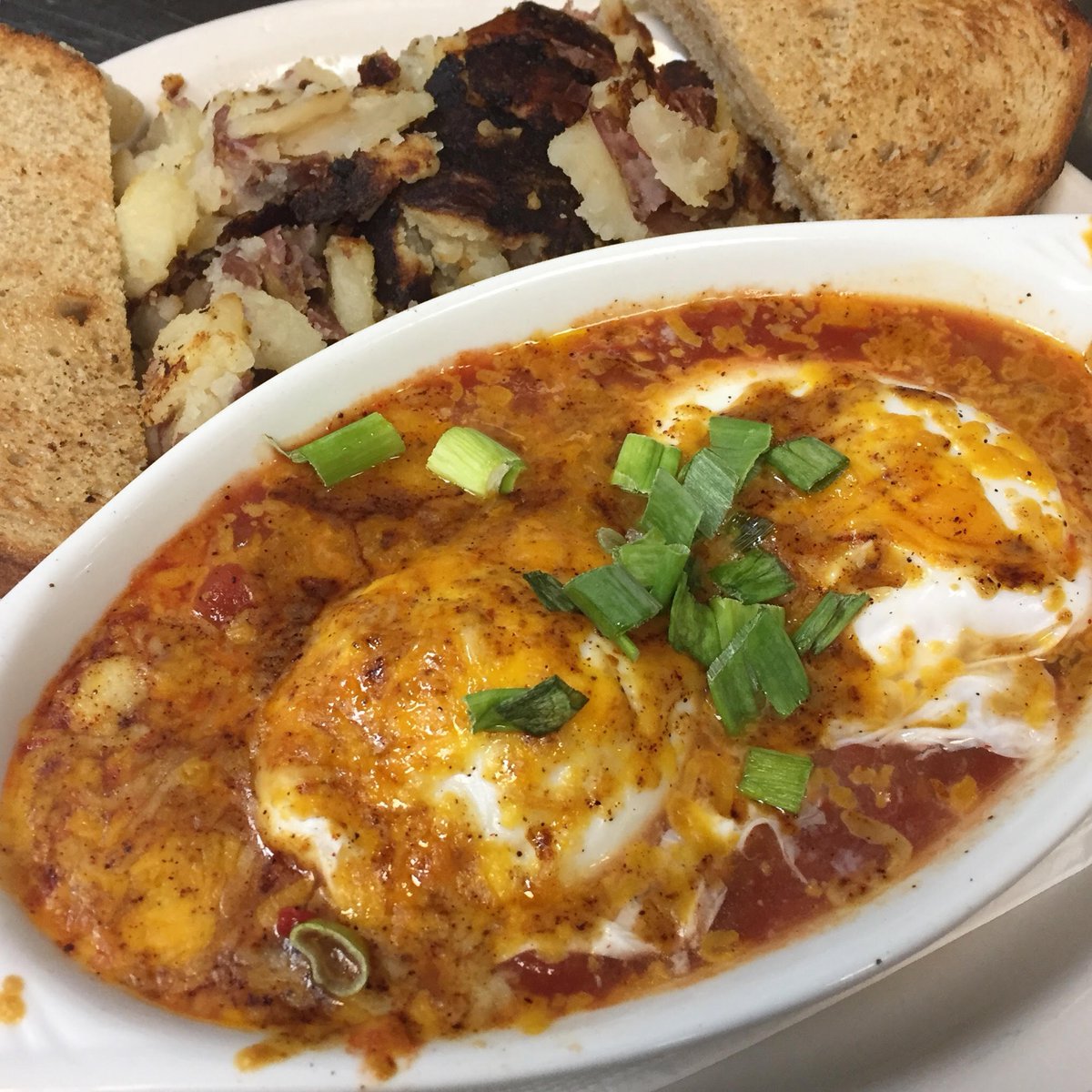 This weekend's breakfast special is: Eggs in Purgatory!  Stop in today or tomorrow at either location to try out the deliciousness!  

#breakfastspecial #eggsinpurgatory #jakeseatery #newtownpa #richboropa