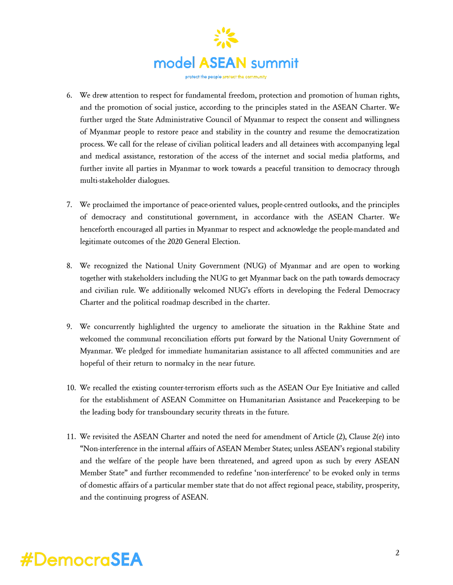 Summit Communiqué of the Model ASEAN Summit - DemocraSEA 
We are pleased to announce that the Summit Communiqué of the youth-led Model ASEAN Summit has been declared as follows.

#DemocraSEA #ModelASEANSummit
#WhatsHappeningInMyanmar