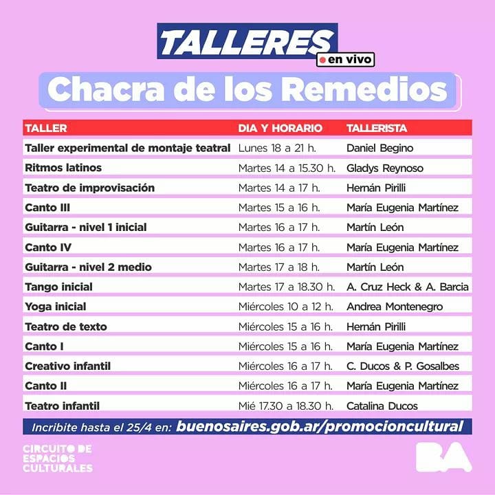 ccchacra's tweet photo. 🔔 ¡Últimos días de inscripciones a talleres del Espacio Cultural Chacra de los Remedios!
👉 Podés elegir entre 28 propuestas virtuales dictadas por nuestros/as talleristas en plataforma virtual.
Ingresá a https://t.co/Le6RqDswWu
#CEC #talleresvirtuales #talleresgratuitos https://t.co/UdnTmzSmUm