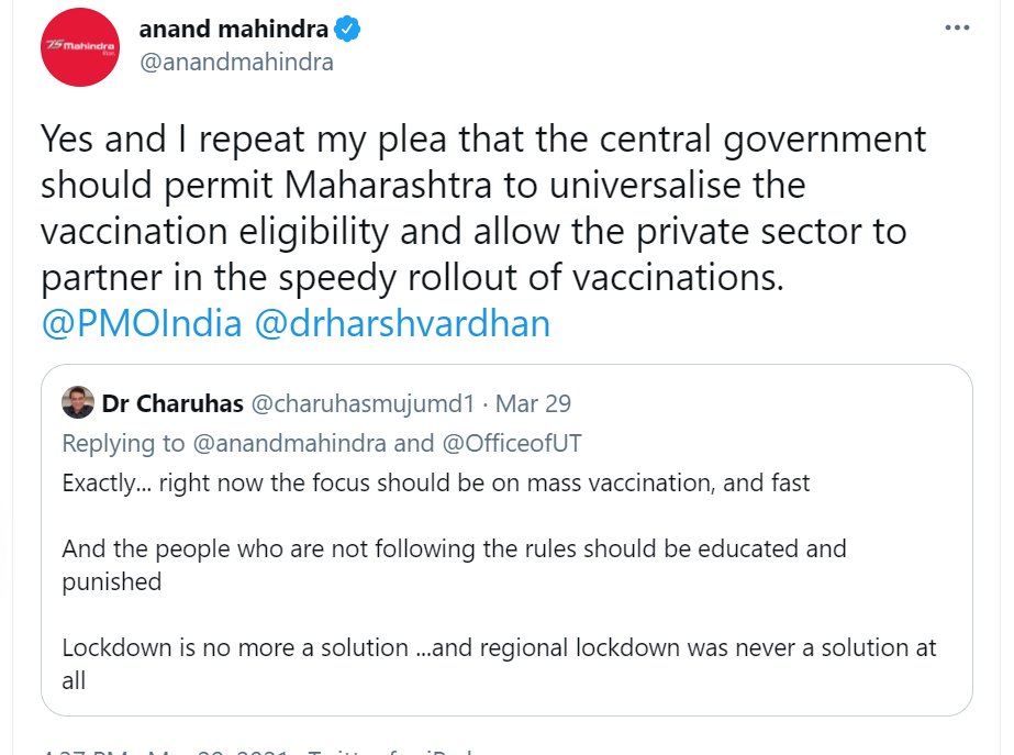 Examples of Editorials / journalists / influencers asking for opening vaccination and allowing open market:A) TOI Editorial 2) The Wire Founder  @mkvenu3) Print Founder  @ShekharGupta ran a full campaign4) Industrialist  @anandmahindra All asked for open market. 5/10