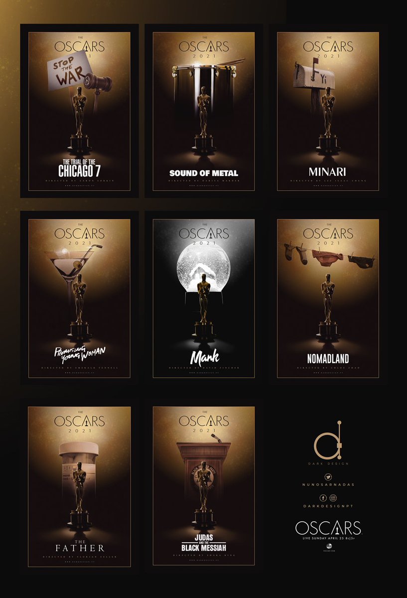  #Oscars2021 Best Picture nominees artwork by  @nunosarnadas You can find a full thread of the posters here:  https://twitter.com/nunosarnadas/status/1374091834843103237 #Oscars  