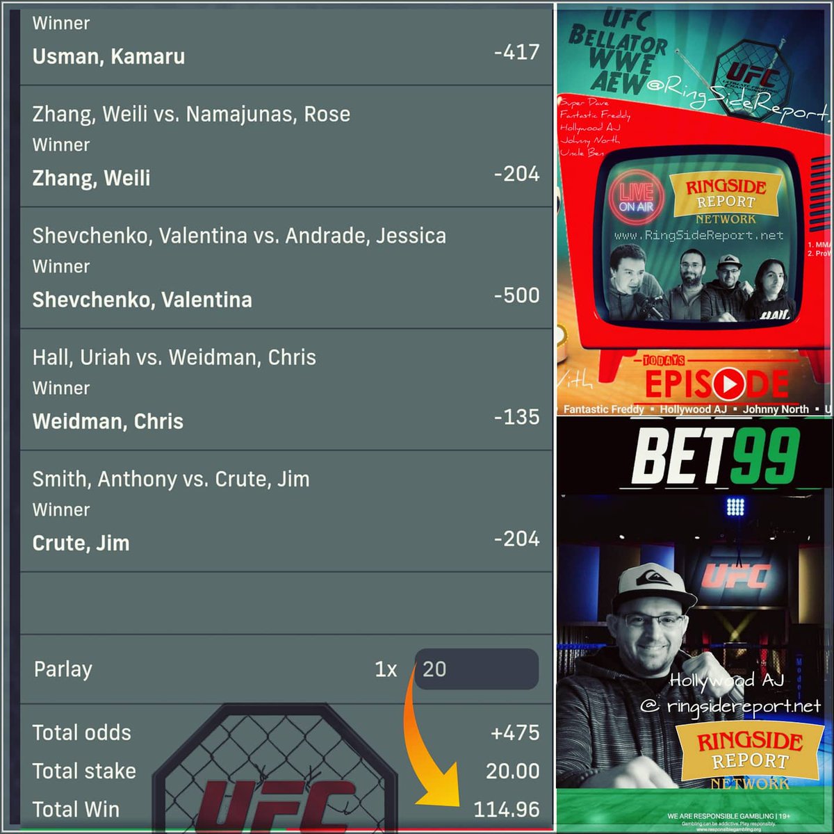 RingsideReport's tweet photo. @ringsidereport #UFCPicks tonight @Bet99Sportsbook  🎁 Bonus:《  RINGSIDE  》https://t.co/cXxNWVZuFd ☆ #Usman will try to defend his #UFC title in a rematch against Jorge #Masvidal 📲  come to the #Watchalong with the boys @ https://t.co/4f1j5gU93w 22h et. #UFC261 #MMA  #Betze https://t.co/SLgWnuctFK