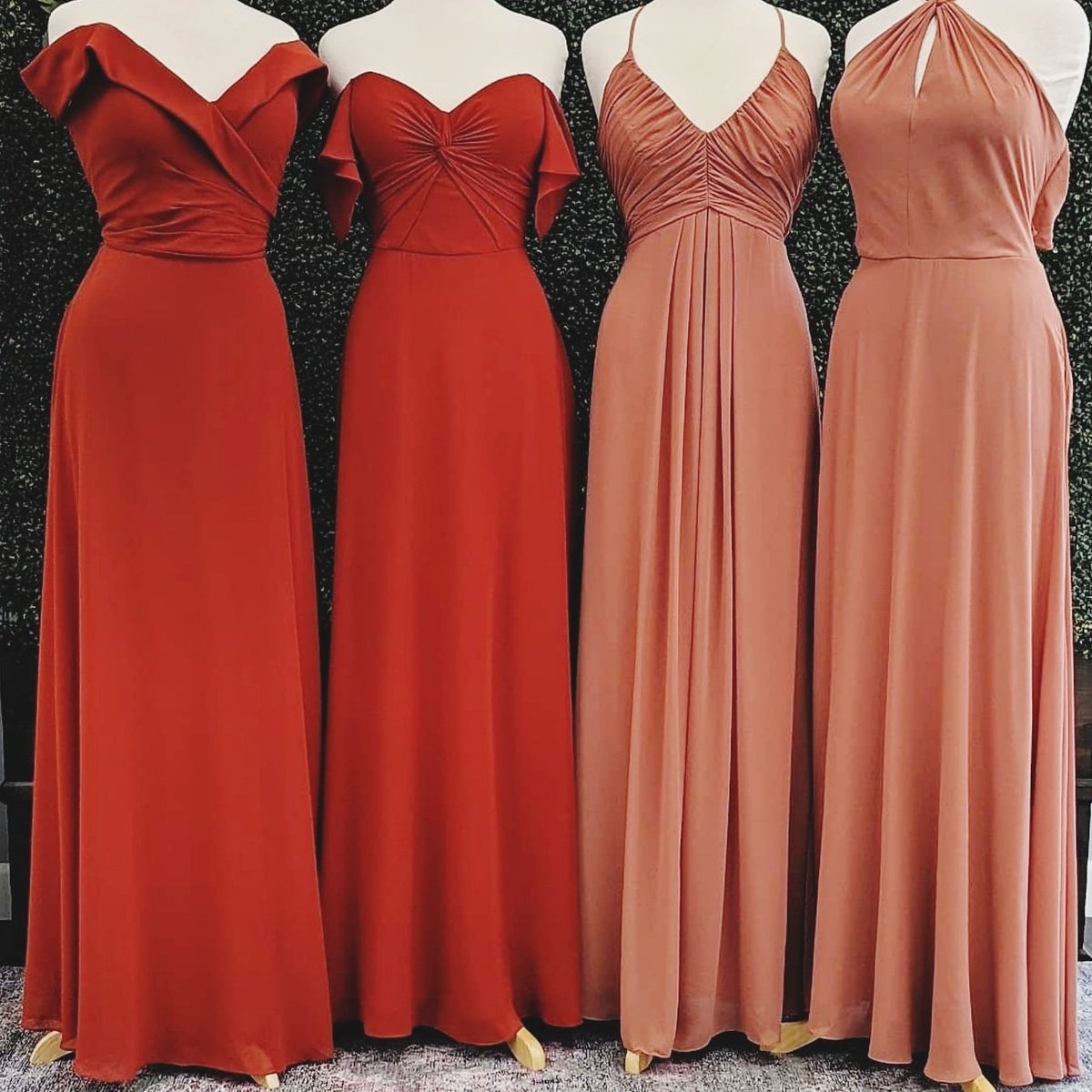 We love these orange tones together, cinnamon and spice 😍 

Whether you choose to mix and match styles or have your girls all in the same gown, we guarantee to find you the perfect dresses for your wedding day!

Did you know we over 150 dresses now in store? 🥰