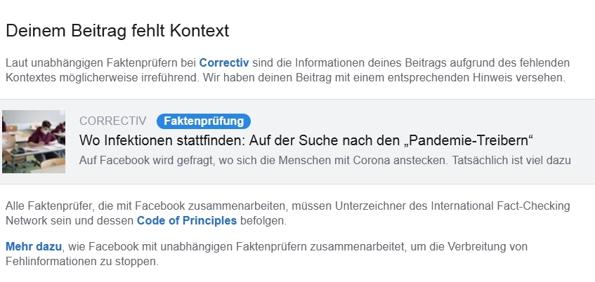 Am 23. April 2021 erhielt ich von Facebook folgende Meldung:

Diese Meldung verweigert sich allem, was sie anmahnt und wovor sie warnt: Mit keinem einzigen Wort wird ausgeführt, auf welchen Betrag sich das bezieht.  #CoronaLeugner #Correctiv #Facebook