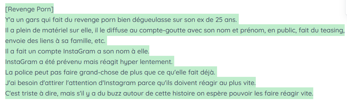 AssoEpervier's tweet photo. Twitter j'ai besoin d'aide. 
Une histoire de #revengeporn bien dégueulasse. 
J'ai besoin d'attirer l'attention de @instagram vraiment très vite pour qu'ils fassent fermer le compte du mec.
C'est possible de faire circuler ? 
Y'a vraiment urgence. https://t.co/eYzKgAqpAo