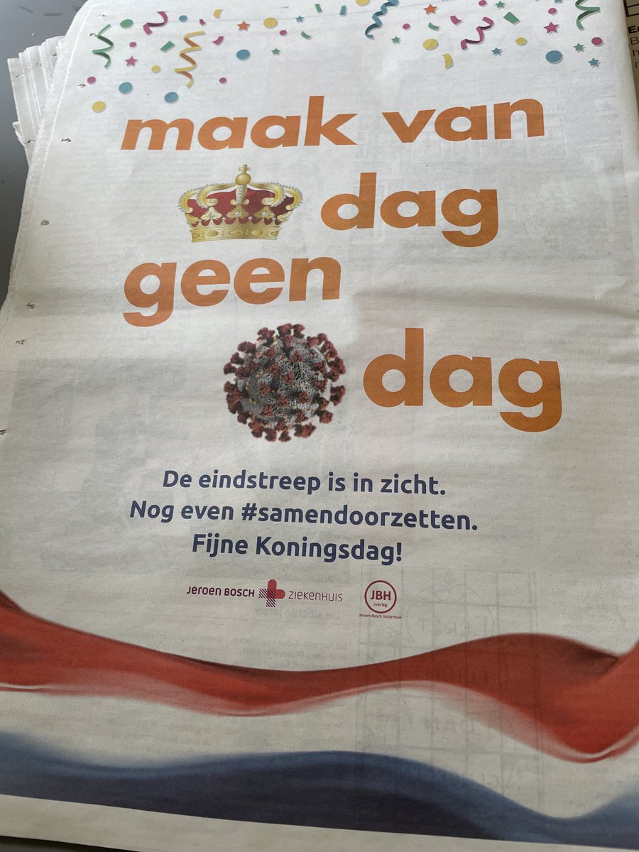 En dan zijn we nu op het moment gekomen dat het ziekenhuis advertenties plaatst in de krant. Opdat we niet struikelen voor de #eindstreep #corona #jbz #koningsdag
