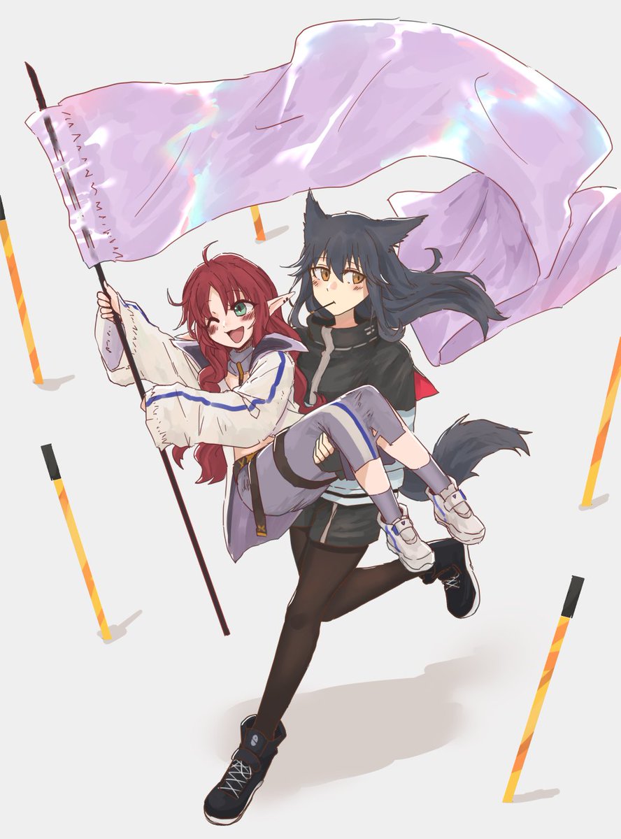 texas (arknights) multiple girls 2girls carrying animal ears flag princess carry tail  illustration images