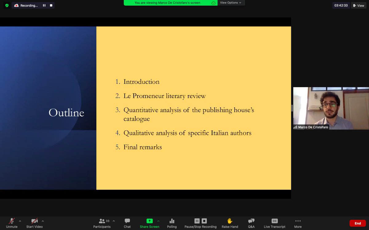 Our last speaker, Marco De Cristofaro (<a href="/UniStraSiena/">Università per Stranieri di Siena</a>  <a href="/Universite_Caen/">Université de Caen Normandie</a>) is starting his talk called '«Seuls nous importaient les anonymes des bibliothèques»: Italians of Le Promeneur challenge main French publishing houses'.