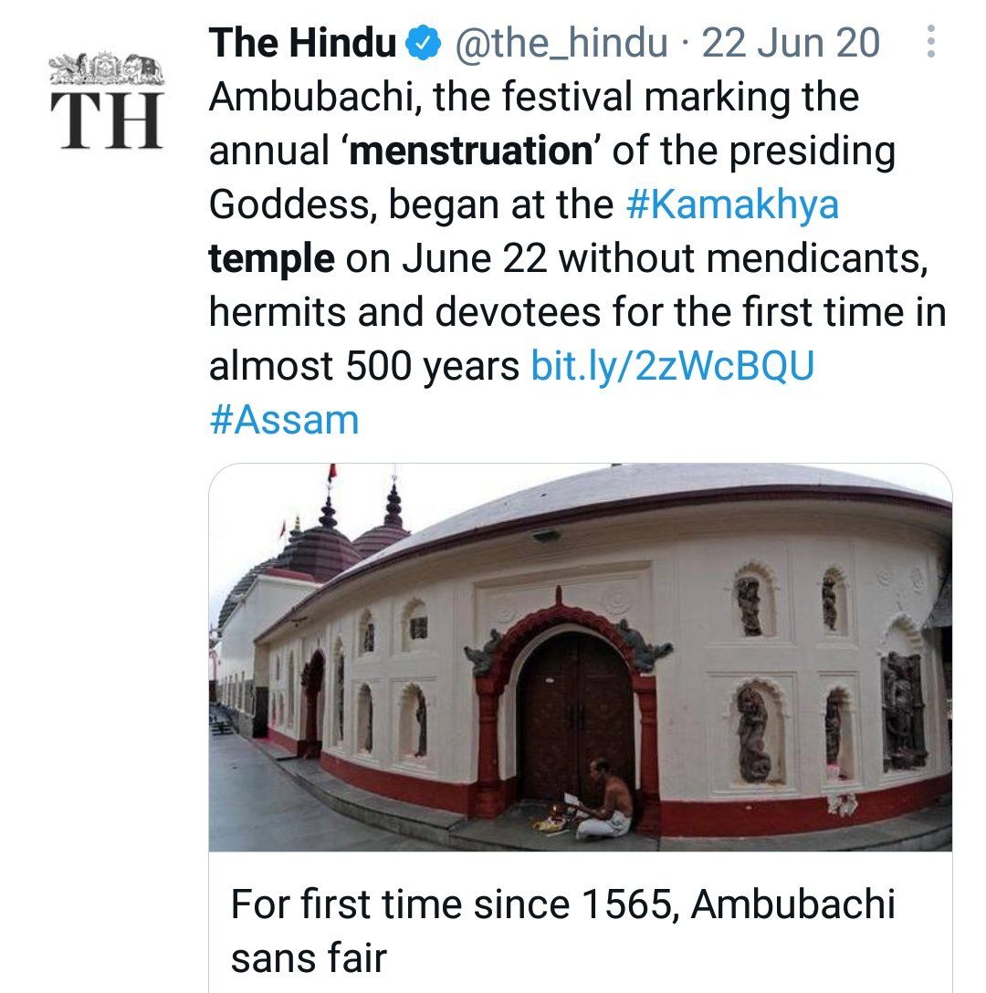 Q. Is menstruation actually a taboo in vedic Dharma ? If not then why women aren't allowed in some temples ? A. No menstruation isn't a taboo in vedic Dharma , infact we have temples where menstruation is celebrated. Kamakhya Devi also called bleeding goddess is worshipped (1/n)