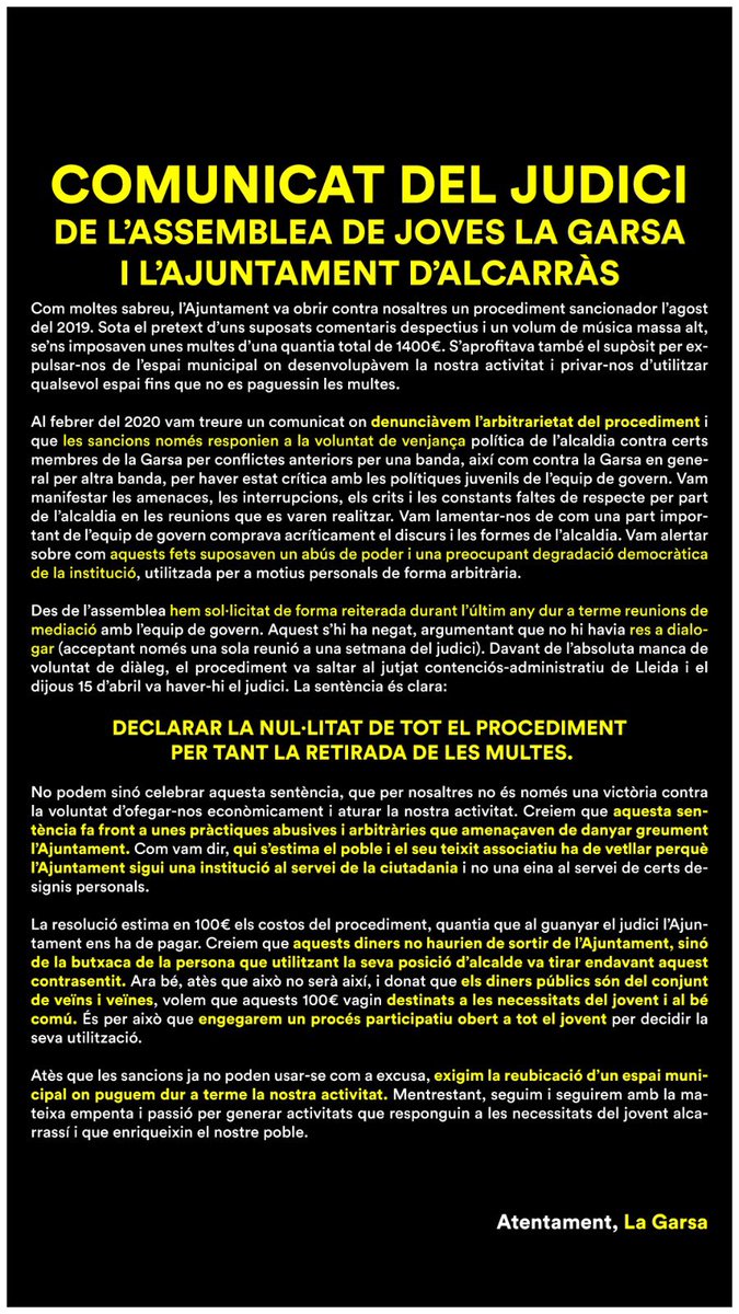 Assemblea de Joves La Garsa (@lagarsaalcarras) on Twitter photo 