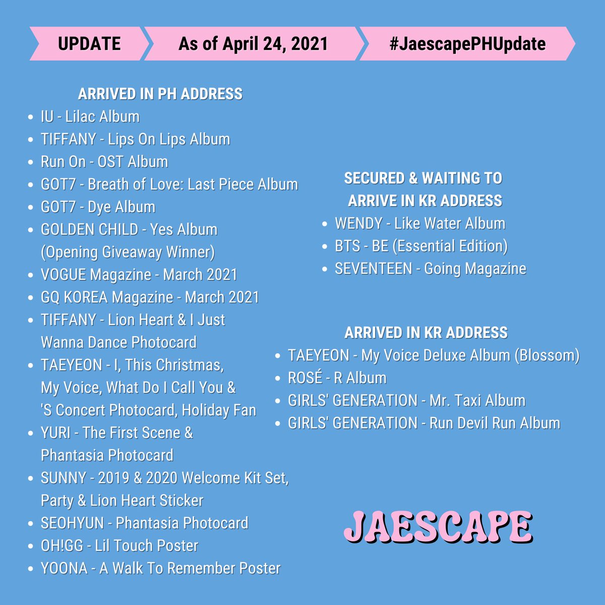 jaescapeph's tweet photo. UPDATE - As of April 24, 2021

#JaescapePHUpdate https://t.co/fEYZ3UcD9c