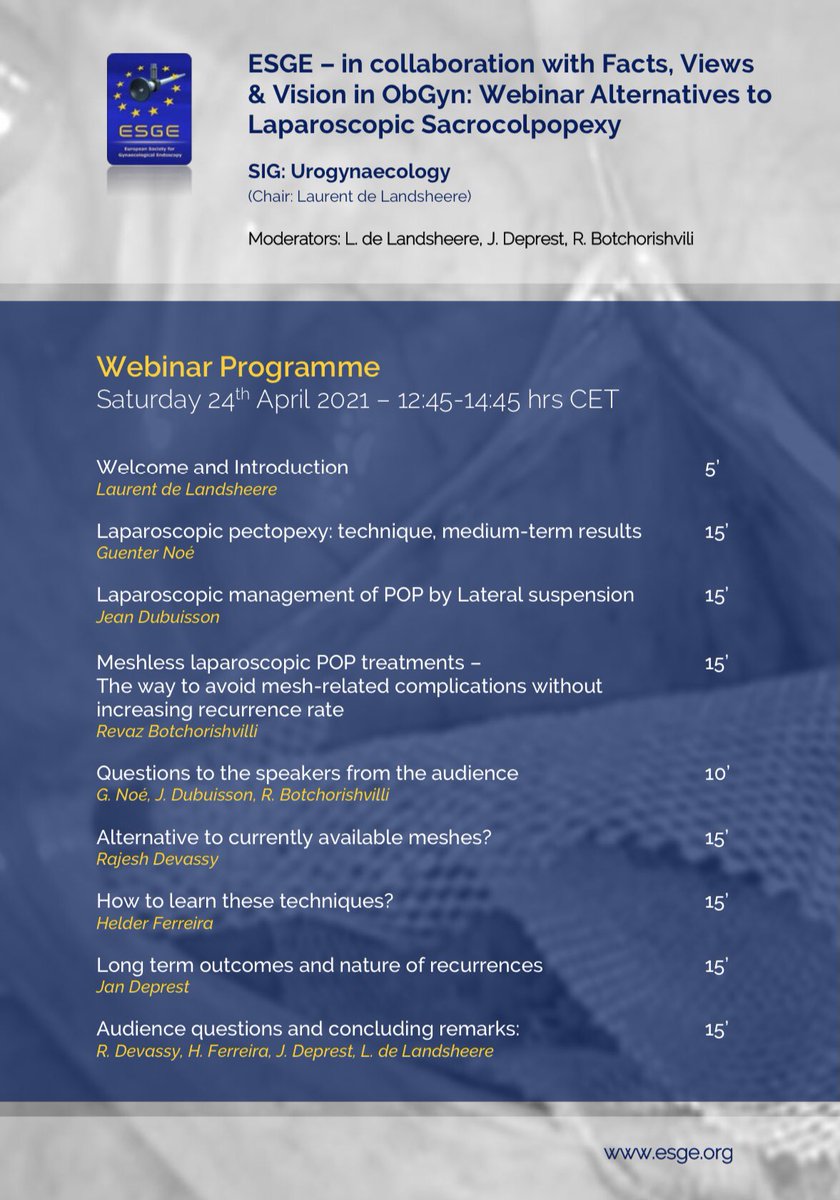 ESGE Journal Facts, Views and Vision in ObGyn (@fvv_esge) on Twitter photo We are live!
<a href="/ESGEorg/">European Society of Gynaecological Endoscopy</a> & FVVO Webinar on Alternatives to Laparoscopic Sacrocolpopexy
#laparoscopy #sacrocolpopexy #mesh #urogyn We are live!
<a href="/ESGEorg/">European Society of Gynaecological Endoscopy</a> & FVVO Webinar on Alternatives to Laparoscopic Sacrocolpopexy
#laparoscopy #sacrocolpopexy #mesh #urogyn