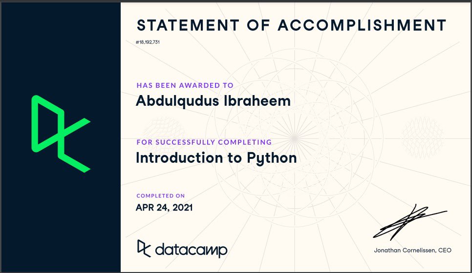 qudus593's tweet image. I just completed this course let’s keep on learning #pythonprograming #learning #machinelearning #technology #datamanagement #datacollection #datascience Alhamdulilah