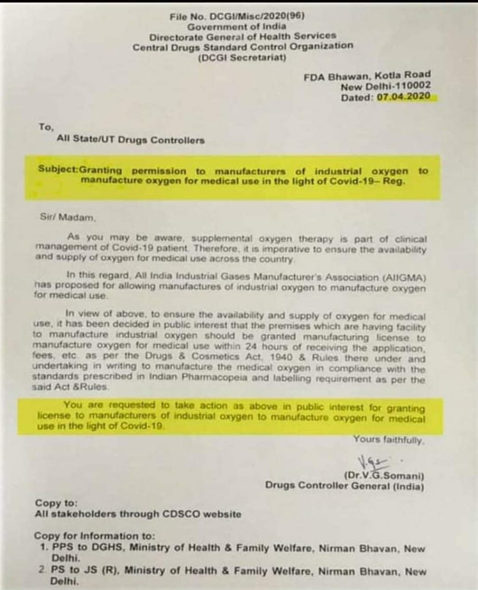 blsanthosh's tweet photo. This is GOI letter dated 7.4.2020. How many state govts acted on it ?When did @ArvindKejriwal come to know that his state doesn’t have O2 production plants ?What did his Govt do to get its own plant? Why premier hospitals not asked to set up their own plants? #KejriwalFailsDelhi https://t.co/A3XDOJLEcu
