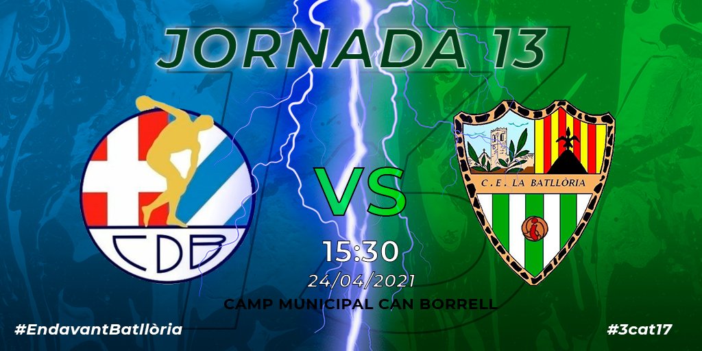 🚨1r EQUIP | PROPER PARTIT🚨

Avui el nostre 1r Equip juga al camp del <a href="/CDBlanesOficial/">Club Deportiu Blanes</a>
"B". Tocarà remar! A per totes!

🆚️ <a href="/CDBlanesOficial/">Club Deportiu Blanes</a>
🗓 24/04
🕔 15:30
⚽️ J.13
🏟 Mpal. Can Borrell

#EndavantBatllòria #3cat17