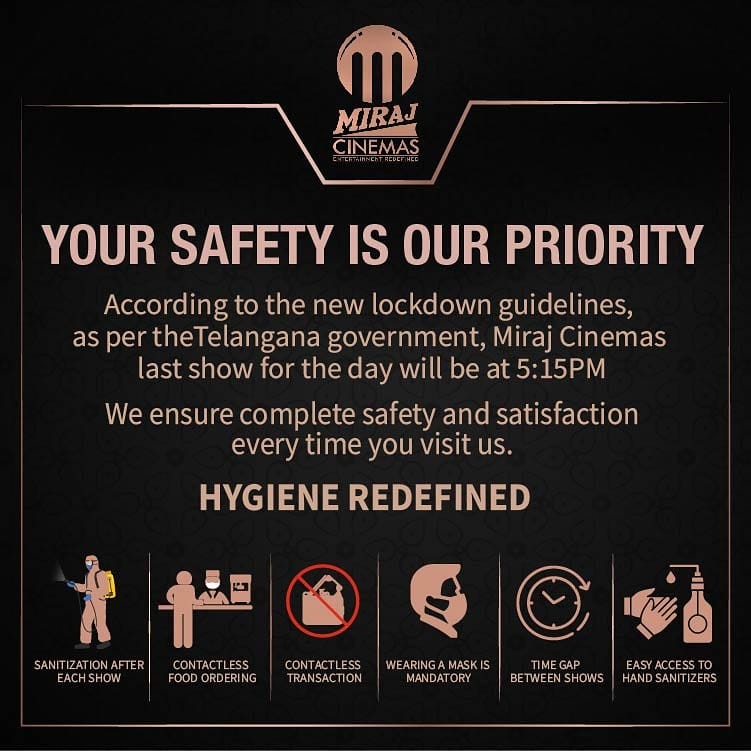 At Miraj Cinemas your safety is our priority and we take all the necessary precautions to give you an enjoyable yet safe movie watching experience.

#HygieneRedefined #mirajcinemas #telangana #safe #guidelines