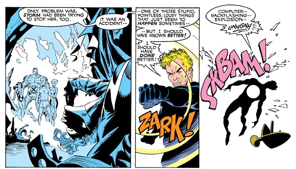 Claremont’s X-Men operate in a similar way – constantly expressing a lack of interior confidence and routinely questioning their own capacity to even function as superheroes. Whole pages are filled, at times, with self-condemning internal monologues in the vein of Hamlet. 4/9