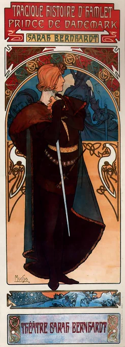"As Hamlet (1899)"

Alfons Maria Mucha (24 July 1860 – 14 July 1939)was a Czech painter, illustrator and graphic artist, living in Paris during the Art Nouveau period, best known for his distinctly stylized and decorative theatrical posters, particularly those of Sarah Bernhardt. 