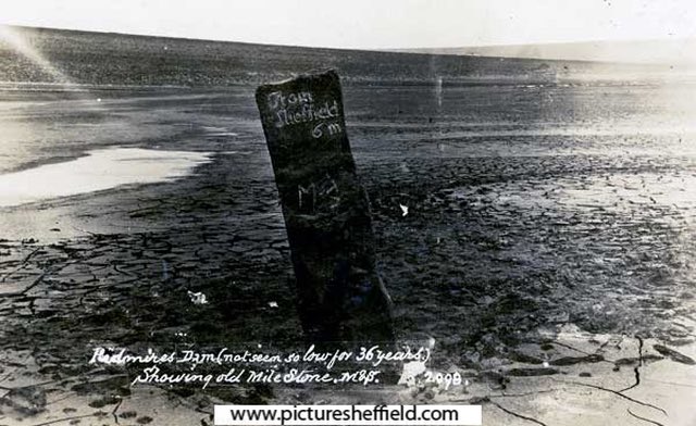 Redmires Upper Dam during the 1911 drought showing the old milestone which hadn't been seen for 36 years. (Taking the #MiniMilestones theme quite literally today) #Archive30