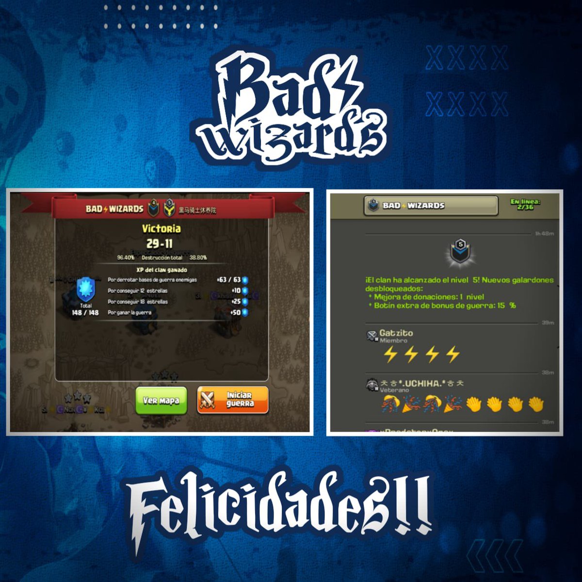 🧙‍♂️ | A S C E N S O 

¡Ascendemos a nivel 5! Agradecemos a todos los chicos que han colaborado para ir subiendo el nivel del clan. ⚡️