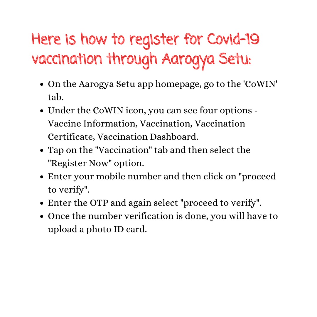 Registration can be done through the Arogya Setu app under the 'CoWIN' tab or by logging on to  http://www.cowin.gov.in  and giving your personal details.*What are you waiting for? Don't hesitate and get vaccinated. Let's take a step ahead towards our safety! You'll be great!