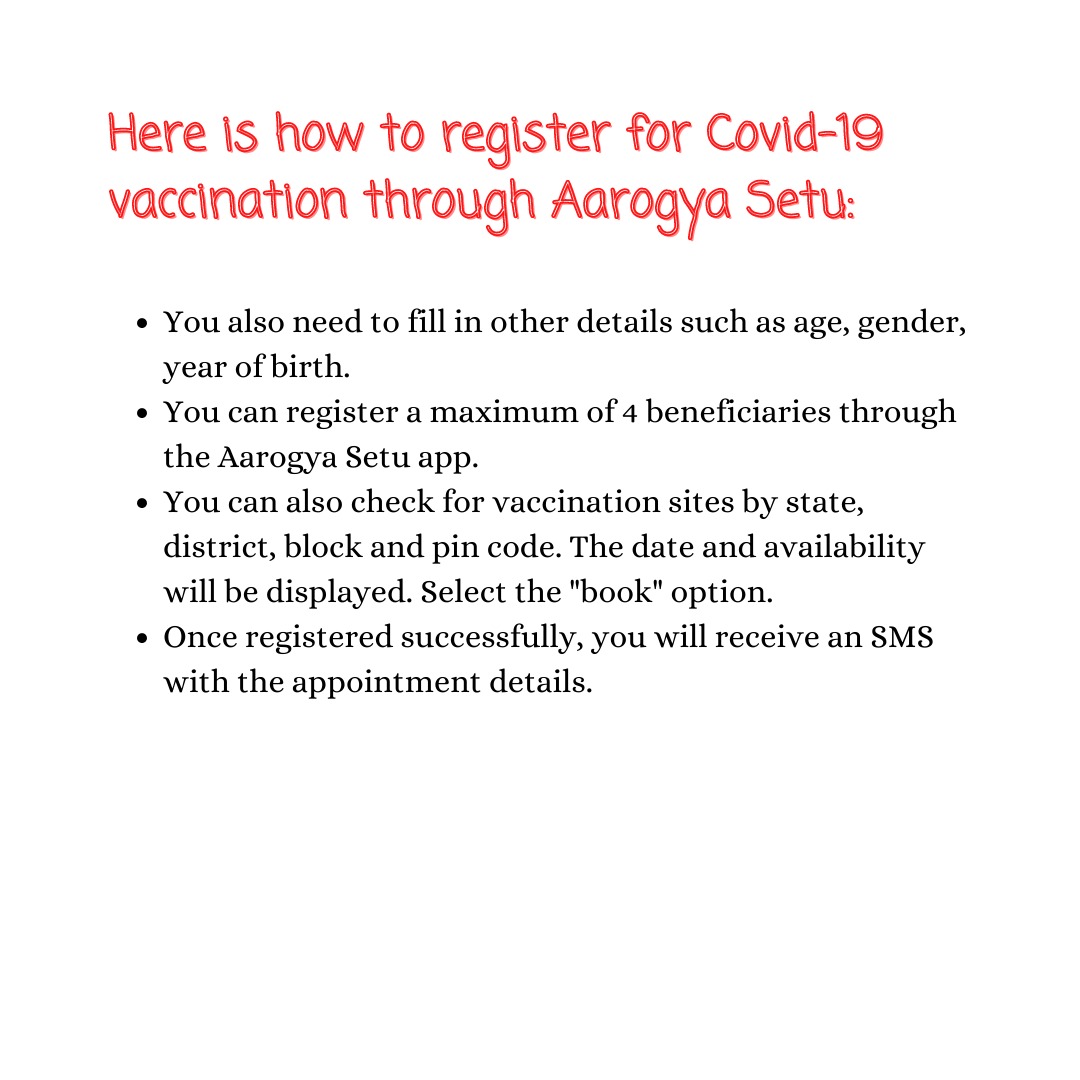 Registration can be done through the Arogya Setu app under the 'CoWIN' tab or by logging on to  http://www.cowin.gov.in  and giving your personal details.*What are you waiting for? Don't hesitate and get vaccinated. Let's take a step ahead towards our safety! You'll be great!
