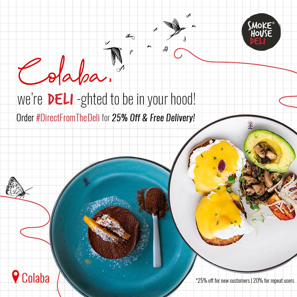 SmokeHouseDeli's tweet photo. Your favourite deli is now delivering in Colaba! Order some European comfort food #DirectFromTheDeli, and get 25% off + free delivery. Made with love and delivered safely, always!

#colaba #food #mumbai #southbombay #SoBo #europeanfood #nowdelivering #burger #pasta #tiramisu https://t.co/KHjFIw13QW