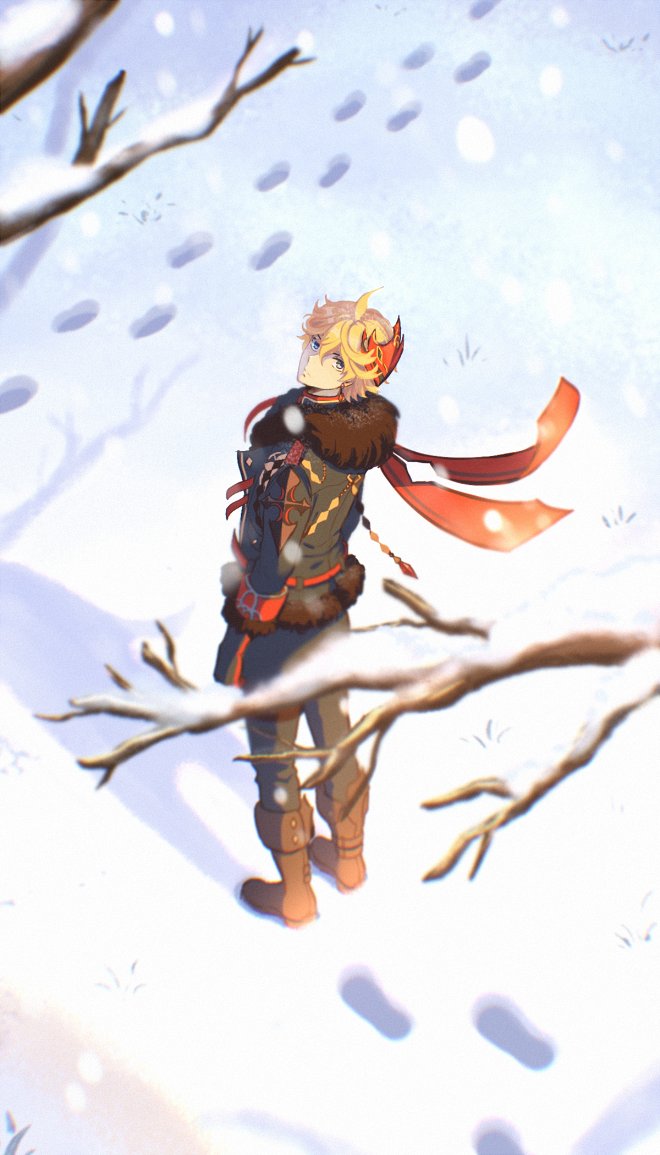 tartaglia (genshin impact) 1boy male focus snow solo red scarf mask on head blue eyes  illustration images