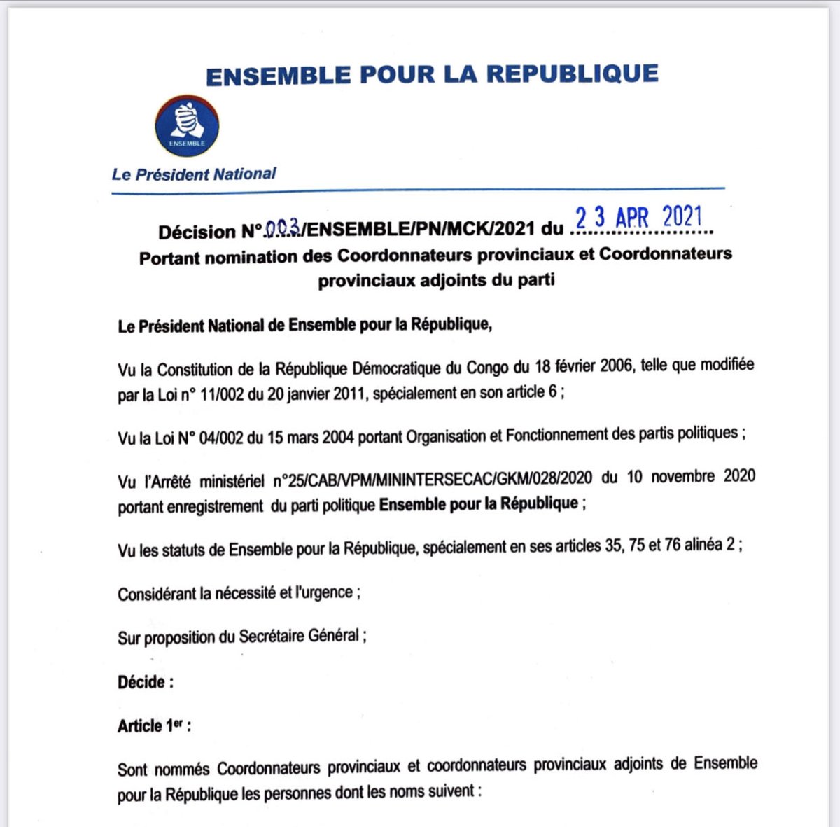 Franciskalombos's tweet photo. Je tiens d’abord à remercier Dieu tout puissant que sa puissance puisse nous accompagner. Merci bcp au président Moïse Katumbi pour la confiance et cette considération. Félicitations, courage et volonté chers camarades. C’est ensemble que nous gagnerons. https://t.co/I5fieBrZtx