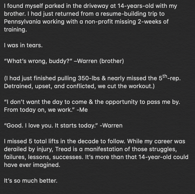 Coan McAlpine (@treadwiz) on Twitter photo F*ck your resume, what’s your story?
Mine's tattooed on my soul.
Only the daring will come find out what that means.
Thanks to <a href="/TReklaitis/">Tanner Reklaitis</a>, <a href="/TreadAthletics/">Ben Brewster</a>, our coaches, our athletes for everything.
It’s just the beginning. F*ck your resume, what’s your story?
Mine's tattooed on my soul.
Only the daring will come find out what that means.
Thanks to <a href="/TReklaitis/">Tanner Reklaitis</a>, <a href="/TreadAthletics/">Ben Brewster</a>, our coaches, our athletes for everything.
It’s just the beginning.