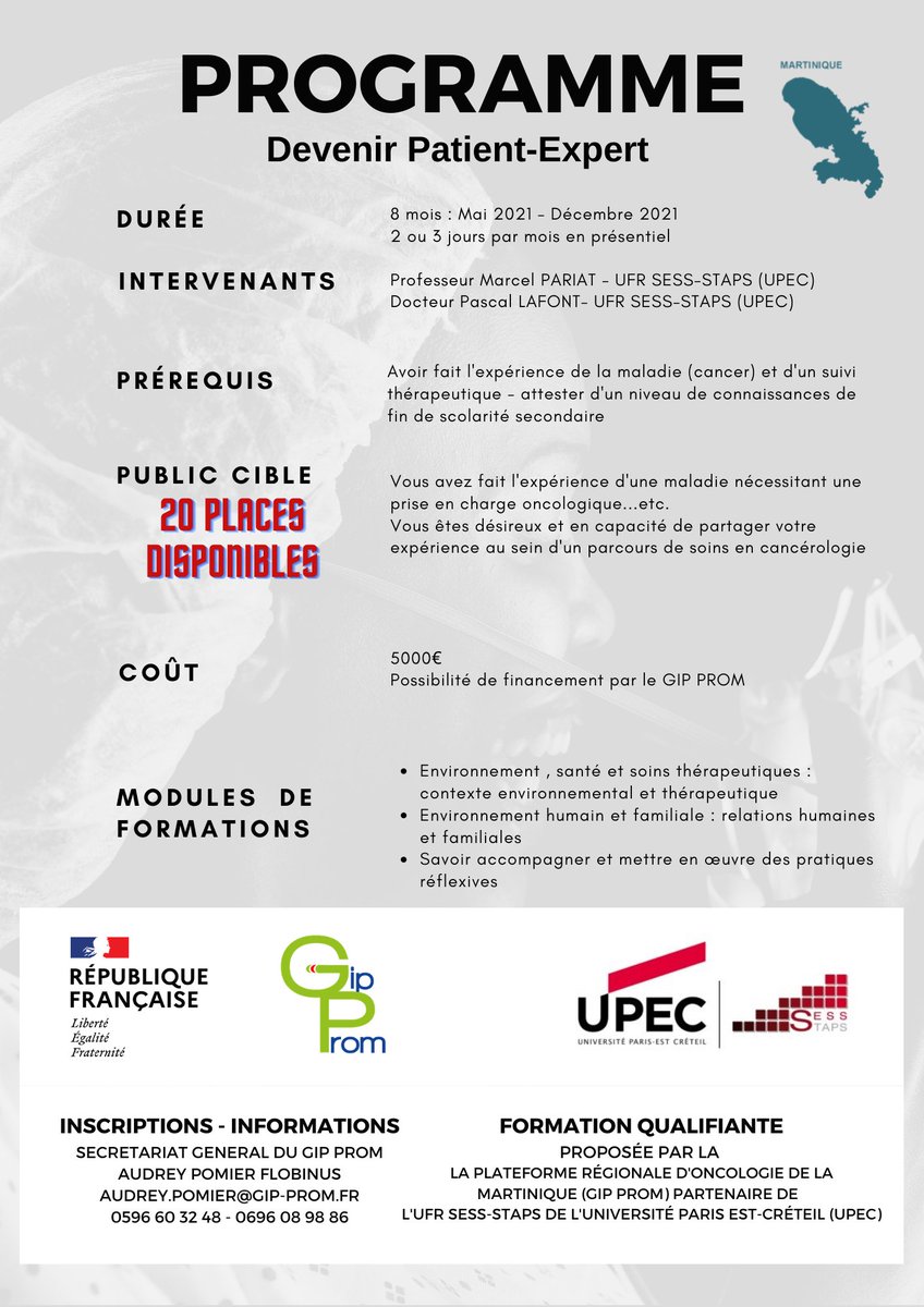 plateforme_de's tweet photo. Formation 2021 : Devenez Patient-Expert
#GIPPROM #UPEC #MARTINIQUE https://t.co/zfNqoimb5E