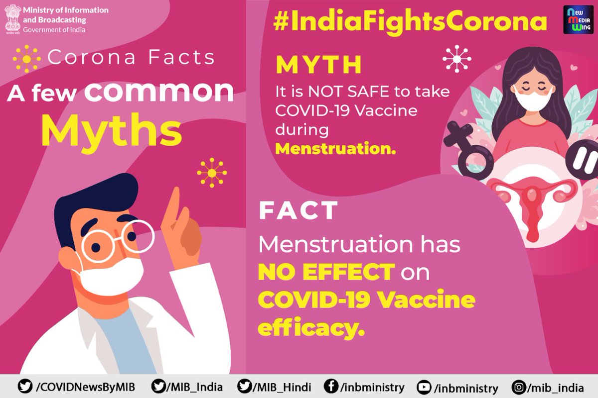 IndiaFightsCorona on Twitter: "#CoronaFacts: 📍Myth:- It is not safe to take #COVID19Vaccine during menstruation❓❓ ↗️ Fact:- Menstruation has no effect on COVID-19 Vaccine efficacy. #MythBuster #IndiaFightsCorona #Unite2FightCorona ...