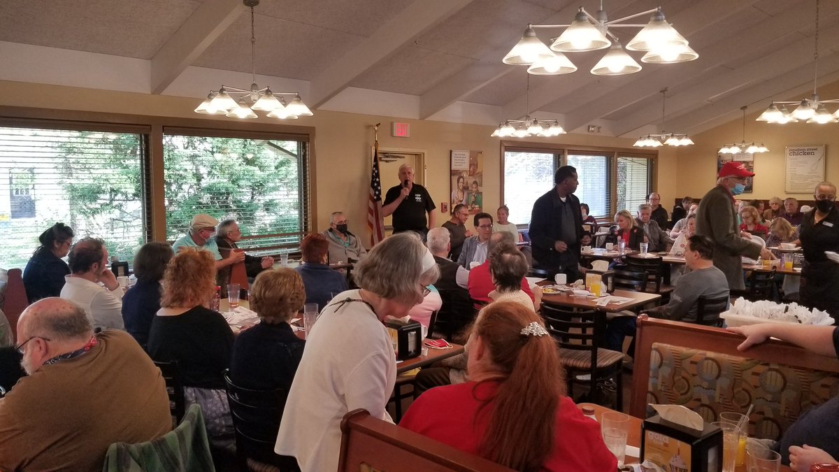 Giving an update to attendees of the weekly Republican Educational Breakfast.