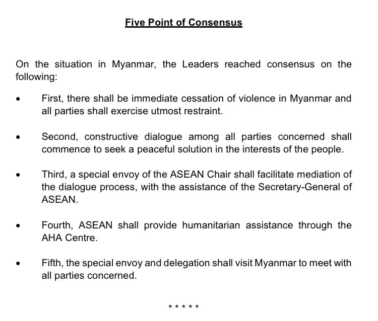 Here is the ASEAN ‘Five Points of Consensus’. We will have to wait to see whether the Tatmadaw implements any of these broad commitments, and how ASEAN responds to any Tatmadaw delays or failures to meet them.