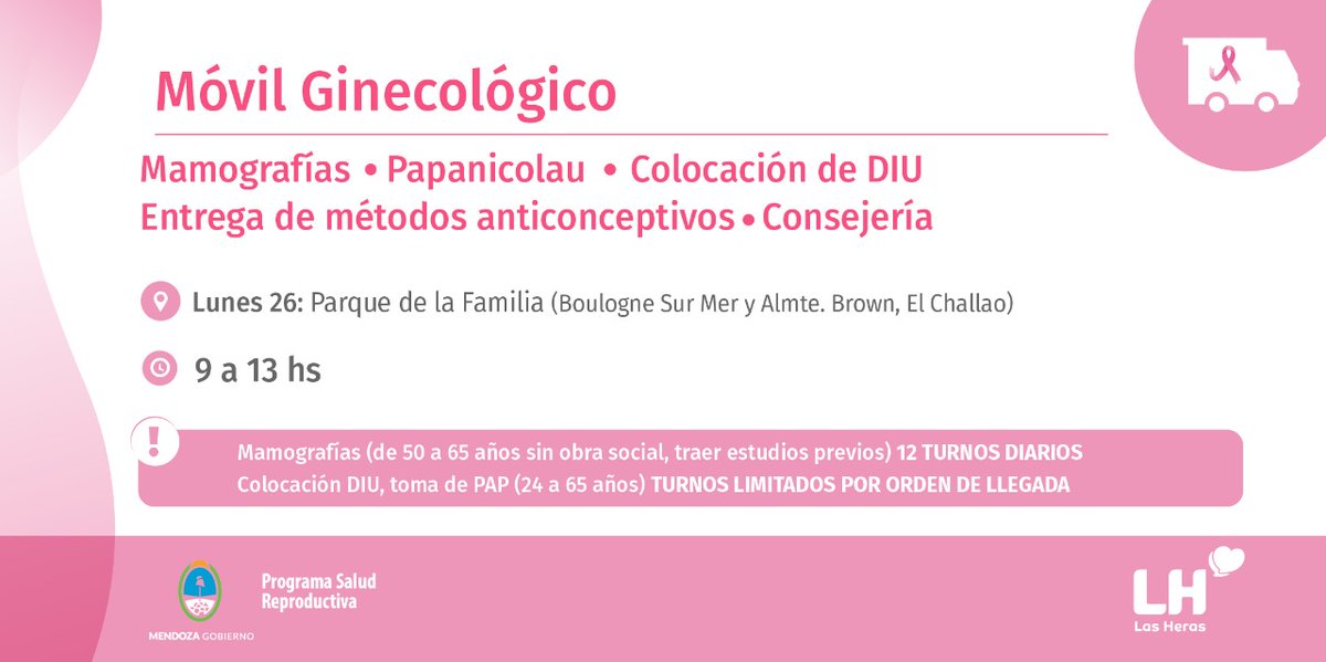 lasherasmza's tweet photo. 👨‍⚕️ Móvil #Ginecologico en El Challao. Lunes 26, en el Parque de la Familia. De 9 a 13 horas:⁣ Mamografía | Papanicolau | Colocacion DIU | Anticonceptivos | Consejería. https://t.co/Qm3B3NvfgF