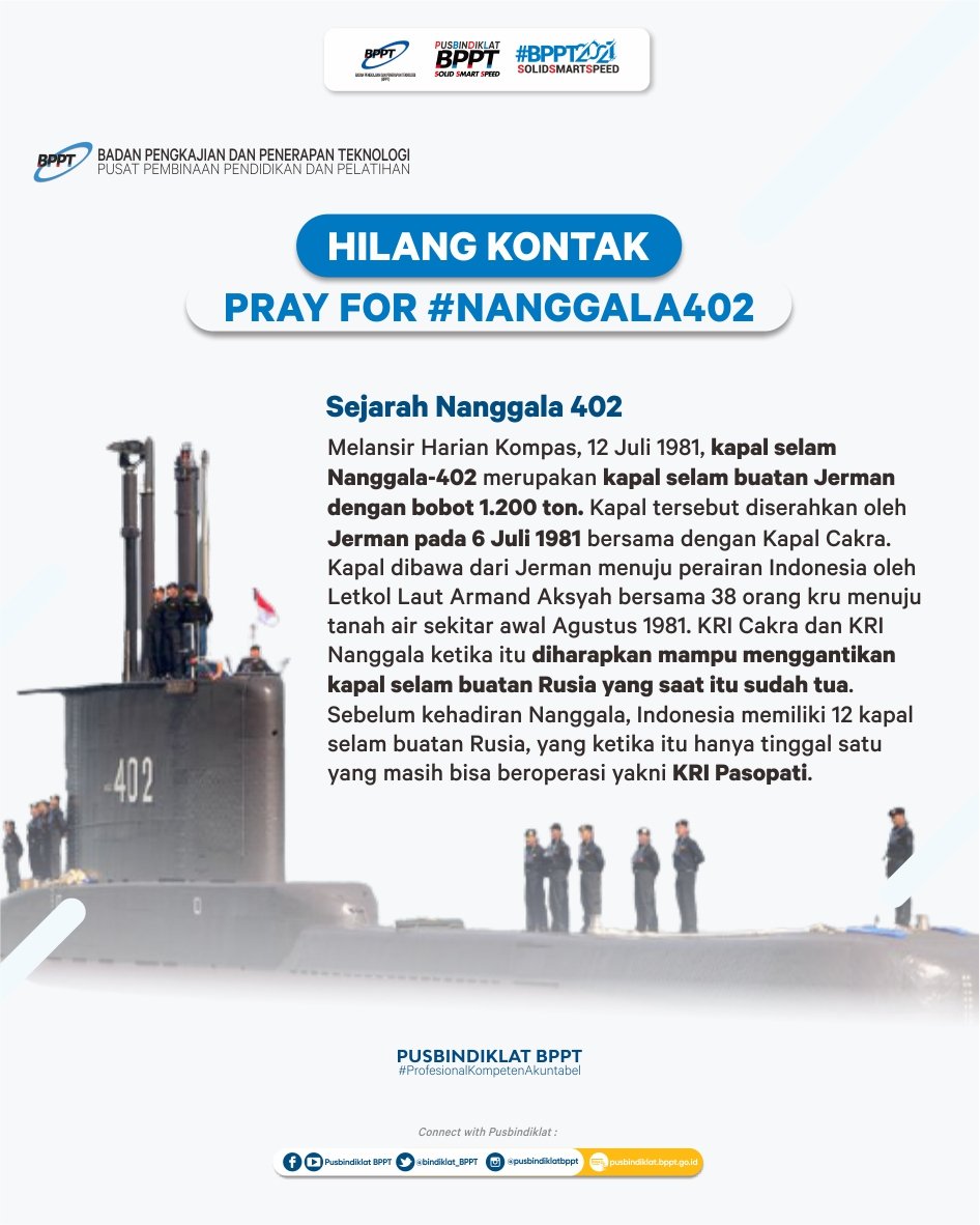 bindiklat_BPPT's tweet photo. 72 jam telah berlalu sejak hilangnya KRI Nanggala 402 dan kini dinyatakan tenggelam pada kedalaman >700 m di perairan utara Bali

Mari kita panjatkan doa terbaik agar Kapal Selam KRI Nanggala 402 lekas ditemukan dan dapat mengantarkan kembali 53 prajut terbaik bangsa dgn selamat https://t.co/vUZFc7qhxg