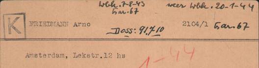 It is unclear how long Arno Friedmann lived at Lekstraat 12, but it was his last official address in Amsterdam, as registered in April 1941. He subsequently went into hiding, which is why he ended up in Penal Barrack No. 67 at Wester­bork in August 1943.