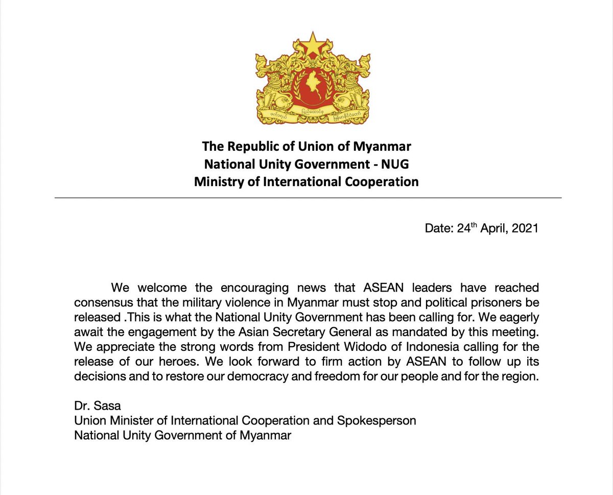 thantmyintu's tweet photo. Welcomed as "encouraging" by the National Unity Government. https://t.co/G80d3d2wsf