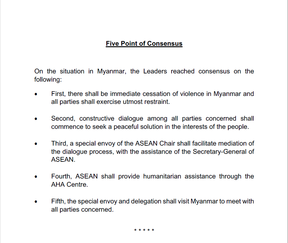 KenRoth's tweet photo. Why doesn't the ASEAN chairman's statement on the "Five Point[s] of Consensus" for Myanmar include any reference to the release of all political prisoners as the media is reporting? Did the junta leader not agree to that? https://t.co/XfcHXUhY8P