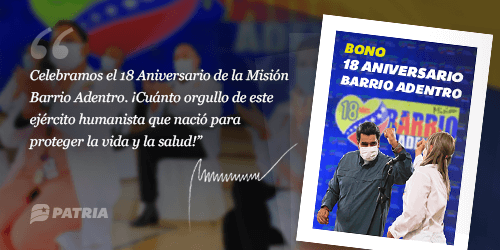 Continua la Entrega del Bono #18AniversarioBarrioAdentro a través del Sistema @CarnetDLaPatria de manera directa y gradual esperando la notificación al numero 3532 y por la aplicación #veMONEDERO. #PrevenirEsClave @NicolasMaduro @Mippcivzla @ViceVenezuela